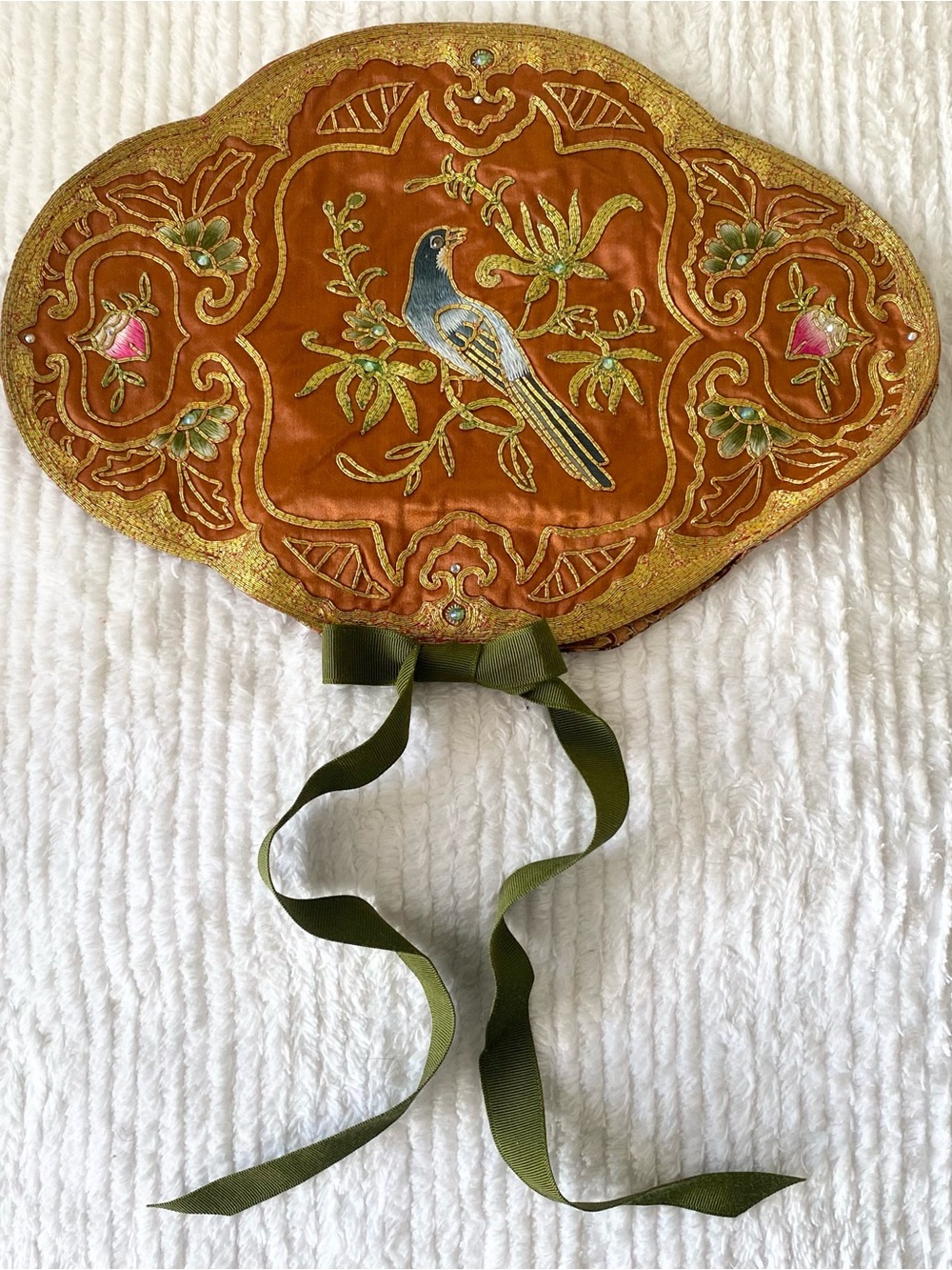 Vintage-Inspired Gold Embroidered Silk Oriental Bird Embellished Travel Jewelry